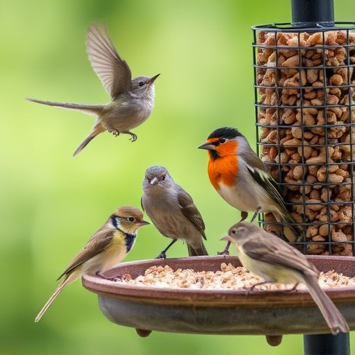 Variety of small birds at feeder