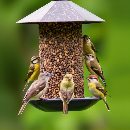 Variety of small birds at feeder