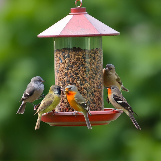 Variety of small birds at feeder