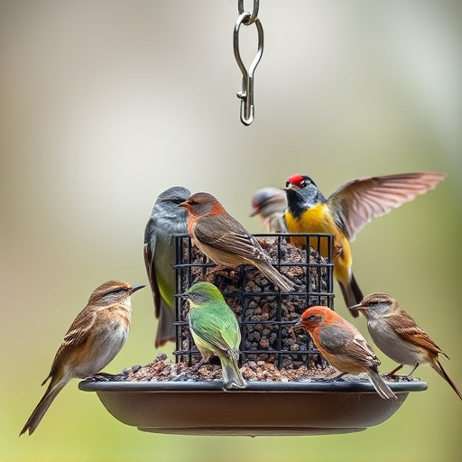 Variety of small birds sharing feeder