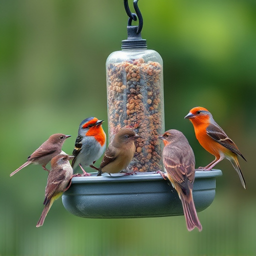 Variety of small birds sharing feeder