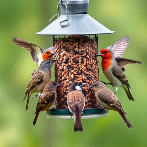 Variety of small birds sharing feeder