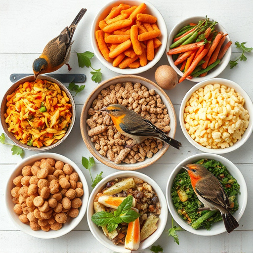 Variety of wild bird food in dishes