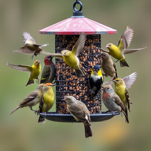 Variety of wild birds around seed feeder