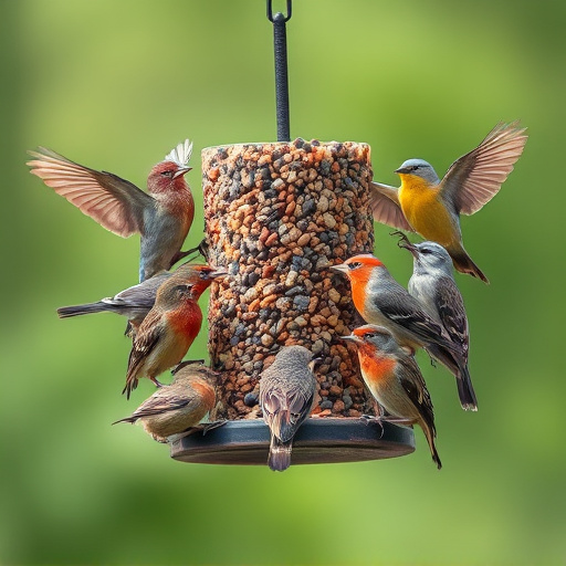 Variety of wild birds around seed feeder