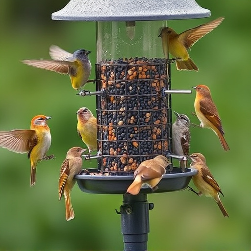 Variety of wild birds around seed feeder
