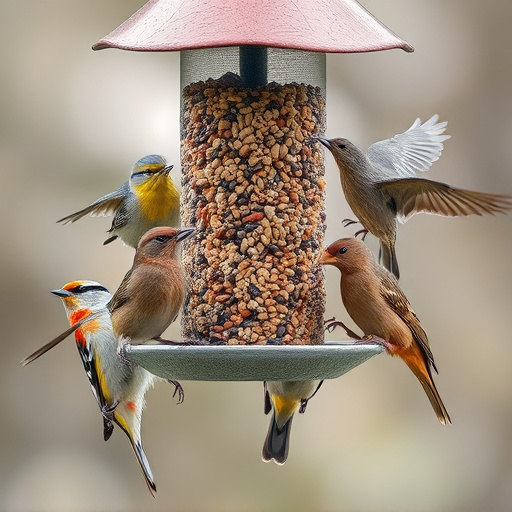 Variety of wild birds around seed feeder
