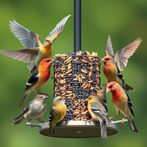 Variety of wild birds around seed feeder