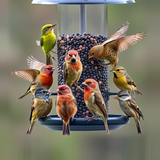 Variety of wild birds around seed feeder