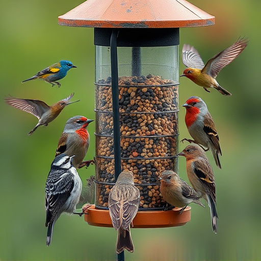 Variety of wild birds around seed feeder