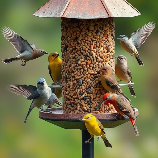 Variety of wild birds around seed feeder
