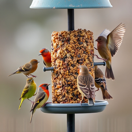 Variety of wild birds around seed feeder