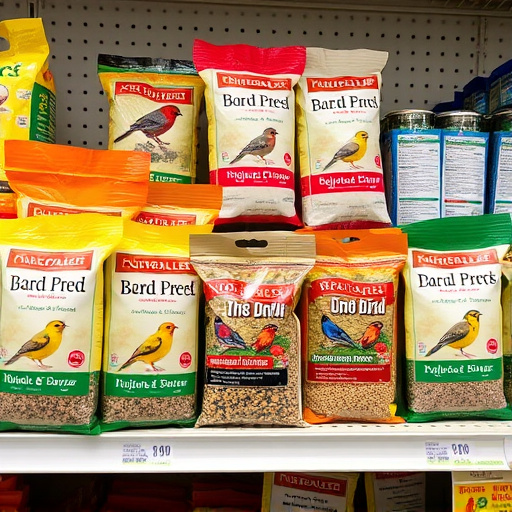 Various bird seed packs on shelf