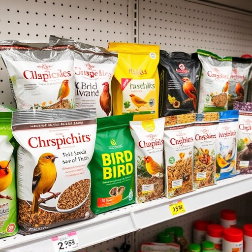 Various bird seed packs on shelf