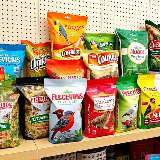 Various bird seed packs on shelf