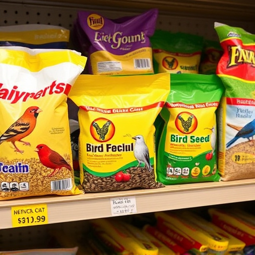 Various bird seed packs on shelf