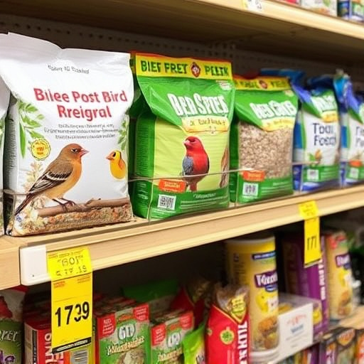 Various bird seed packs on shelf