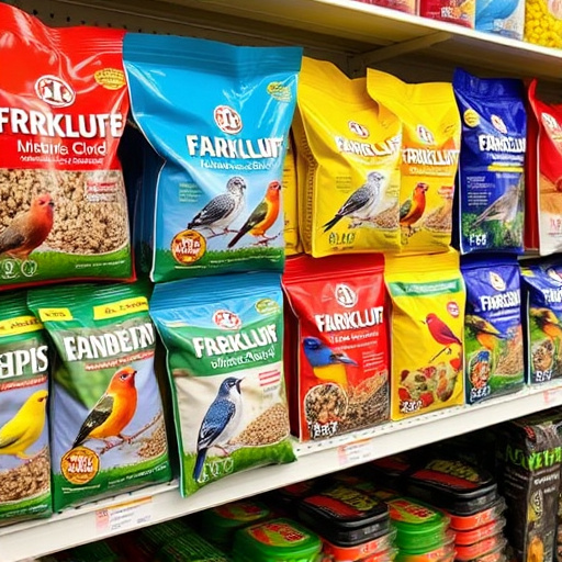 Various bird seed packs on shelf