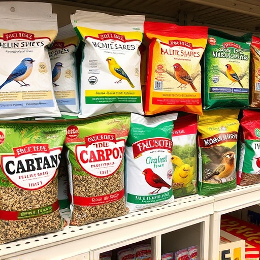 Various bird seed packs on shelf