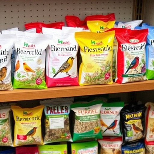 Various bird seed packs on shelf