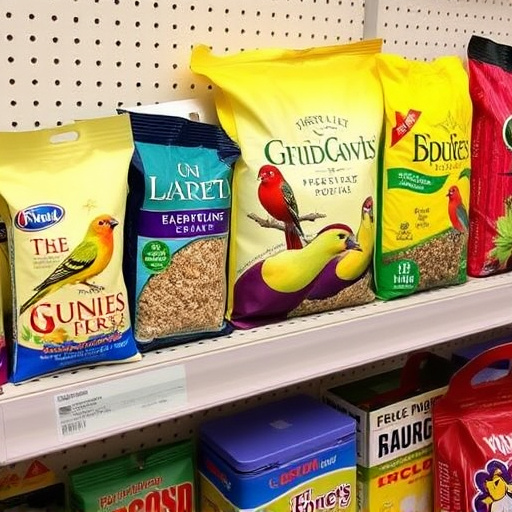 Various bird seed packs on shelf