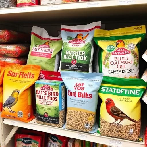 Various bird seed packs on shelf