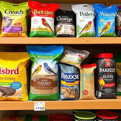 Various bird seed packs on shelf