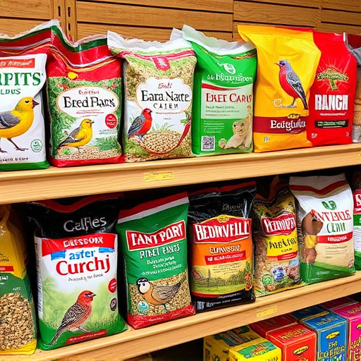 Various bird seed packs on shelf