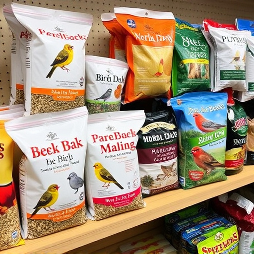 Various bird seed packs on shelf