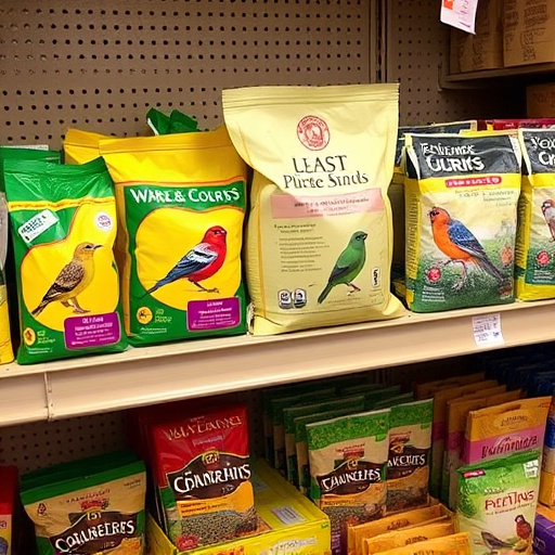 Various bird seed packs on shelf