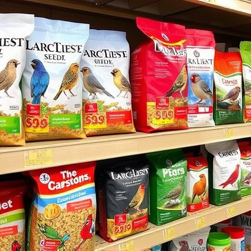 Various bird seed packs on shelf
