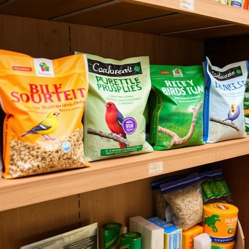 Various bird seed packs on shelf