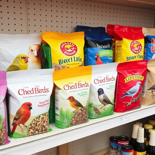 Various bird seed packs on shelf