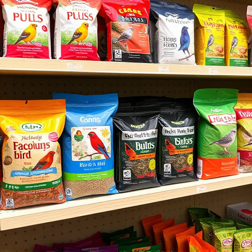 Various bird seed packs on shelf