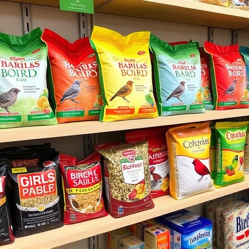 Various bird seed packs on shelf