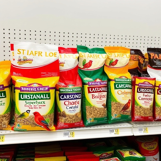 Various bird seed packs on shelf