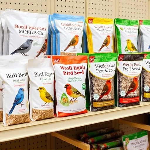 Various bird seed packs on shelf