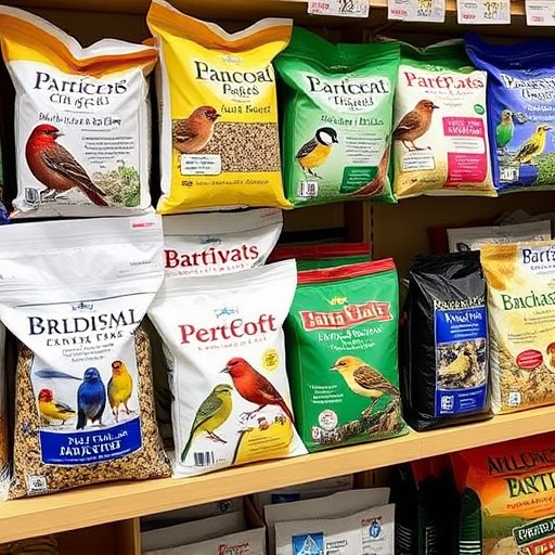 Various bird seed packs on shelf