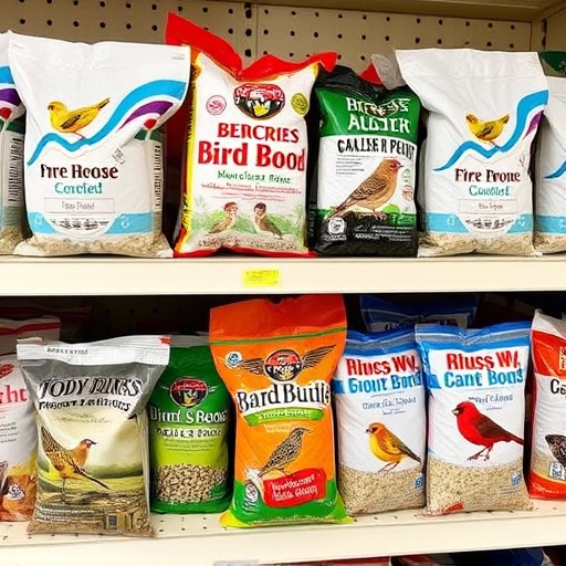Various bird seed packs on shelf
