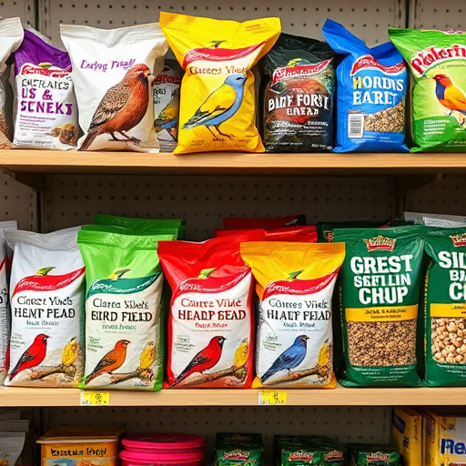 Various bird seed packs on shelf