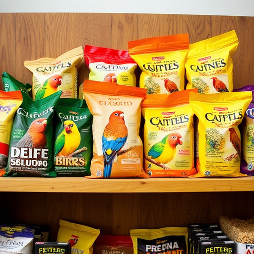 Various bird seed packs on shelf