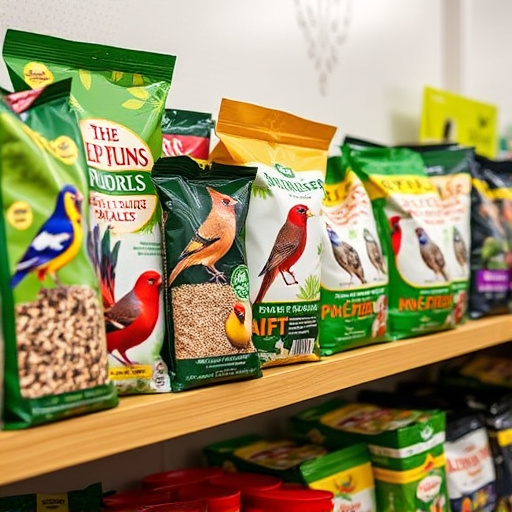 Various bird seed packs on shelf