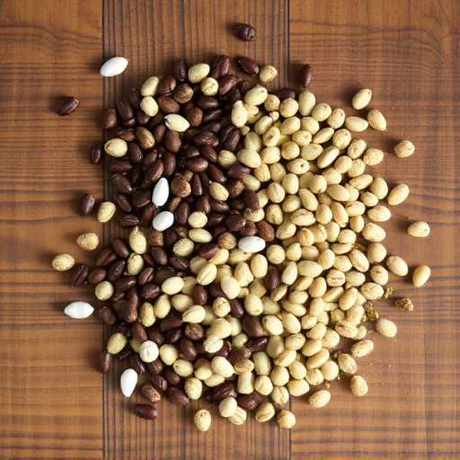 Various seeds spread on wooden table