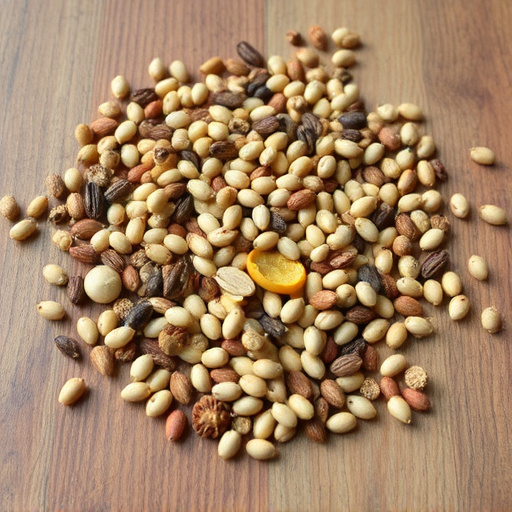 Various seeds spread on wooden table