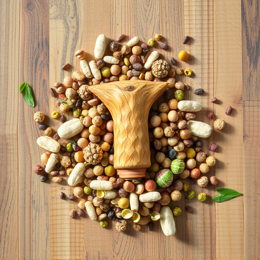 Various seeds spread on wooden table