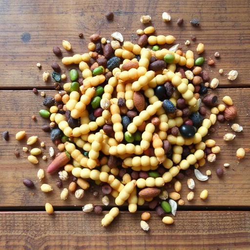 Various seeds spread on wooden table