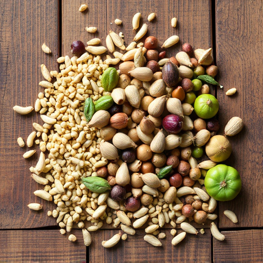 Various seeds spread on wooden table