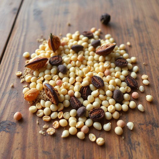 Various seeds spread on wooden table