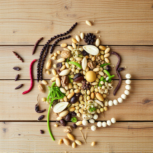 Various seeds spread on wooden table