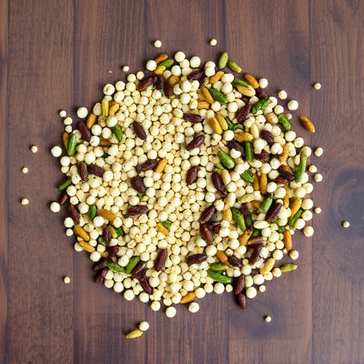 Various seeds spread on wooden table
